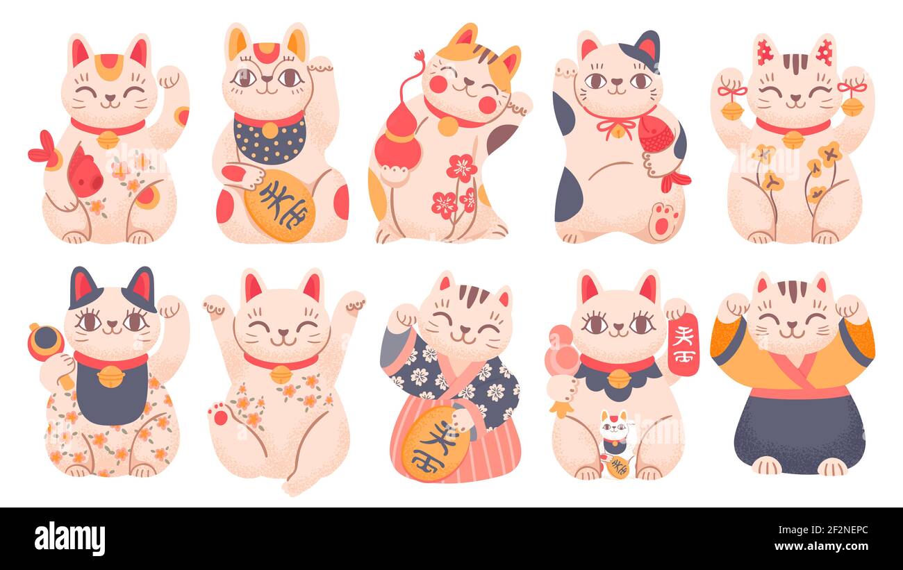 Japanese lucky cats. Cartoon maneki neko toy in traditional clothes, holding fish, bells and gold coin. Asian waving fortune cat vector set Stock Vector