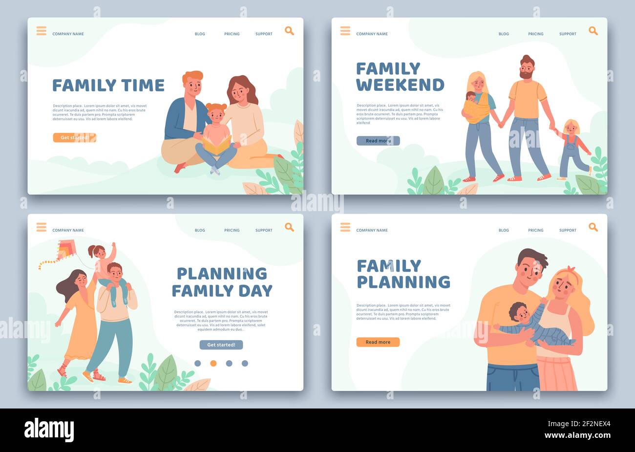 Happy families landing pages. Active parents and child on vacation. Website for family planning, healthy life and leisure time vector set Stock Vector
