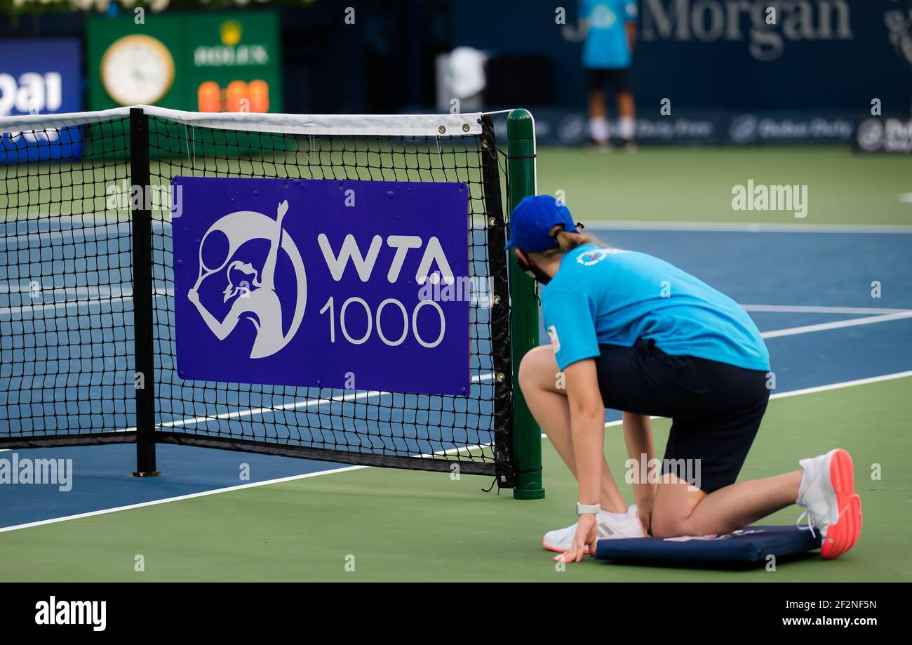 WTA Logo during the semi-final at the 2021 Dubai Duty Free Tennis Championships WTA 1000 tournament on March 12, 2021 at the Dubai Duty Free Tennis Stadium in Dubai, United Arab Emirates - Photo Rob Prange / Spain DPPI / DPPI / LiveMedia Stock Photo