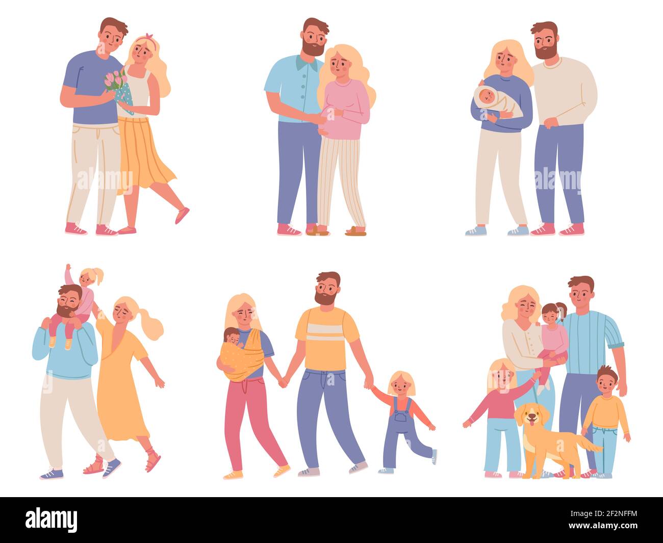 Family stages. Love couple relationship, marriage, pregnant woman, parents and newborn baby, mom, dad and kid. Family development vector set Stock Vector