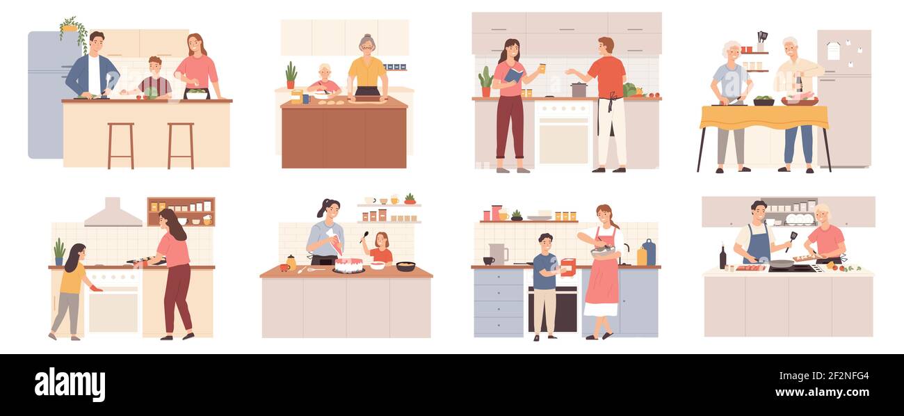 Family cooking at home. Parents, grandparents and kids preparing food for dinner, bake cookies and cake. Mom and child at kitchen vector set Stock Vector
