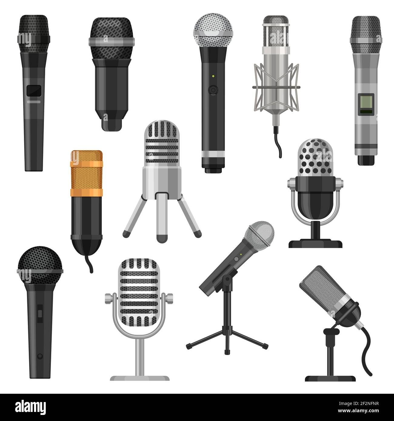 Cartoon studio microphones. Broadcast, voice and music audio recording equipment. Karaoke mic and vintage radio microphone flat vector set Stock Vector
