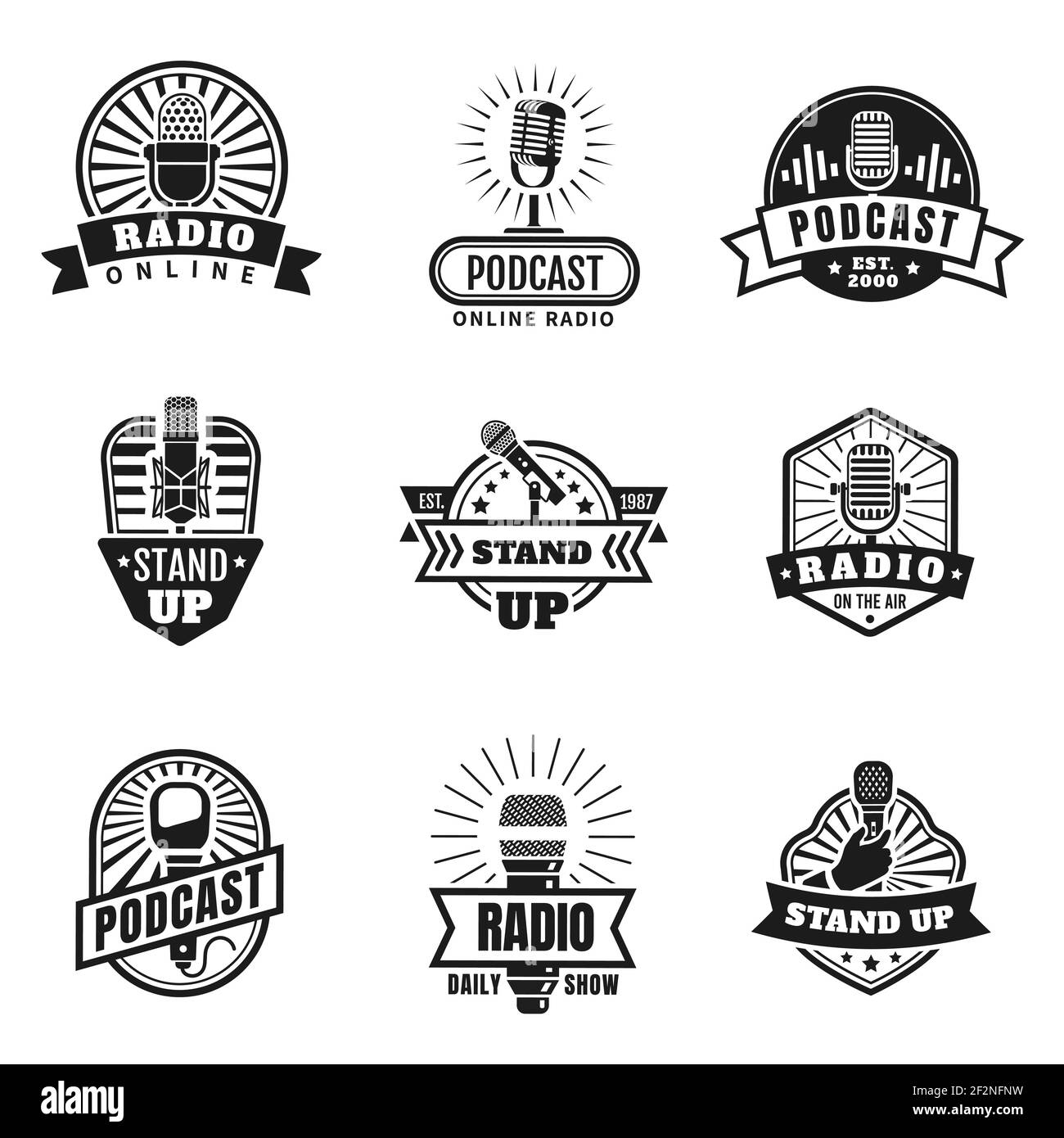 Radio emblems. Podcast, broadcast and studio badges with vintage microphones. Stand up logo with hand holding mic. Music station vector set Stock Vector