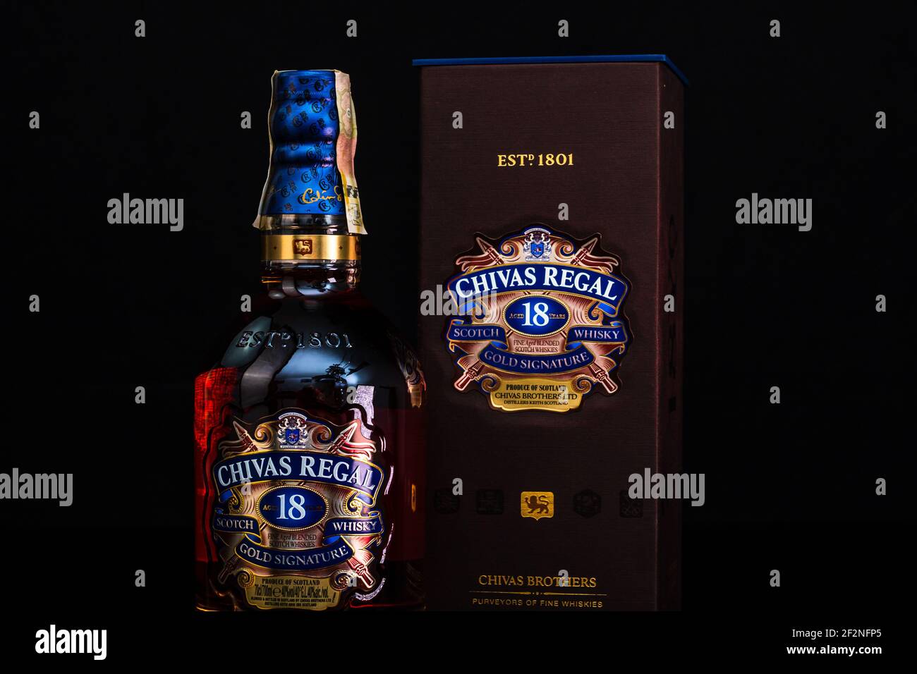 Chivas Regal 18 is blended from whiskies matured for at least 18 years.  Whisky bottle on barrel. Illustrative editorial photo Bucharest, Romania,  2021 Stock Photo - Alamy