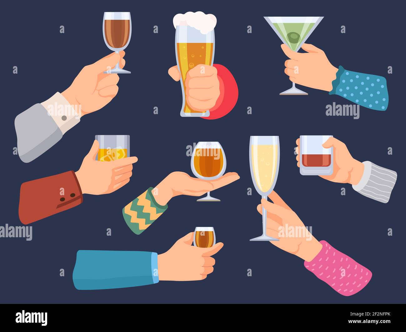 Hands hold alcoholic drinks. Man and woman with wine, beer, tequila, whiskey and champagne glasses. Cartoon bar cocktail in hand vector set Stock Vector