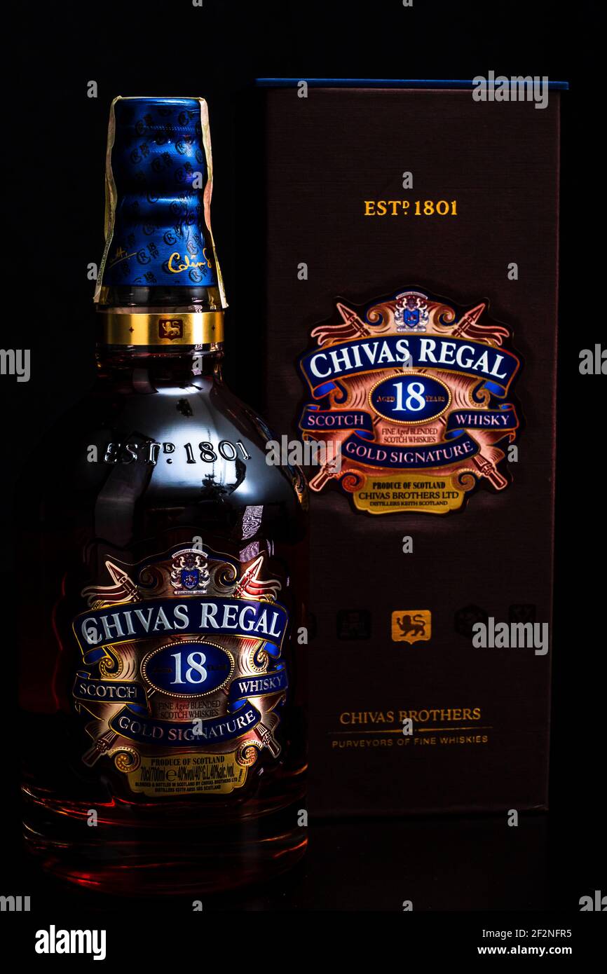Chivas Regal 18 is blended from whiskies matured for at least 18 years.  Whisky bottle on barrel. Illustrative editorial photo Bucharest, Romania,  2021 Stock Photo - Alamy