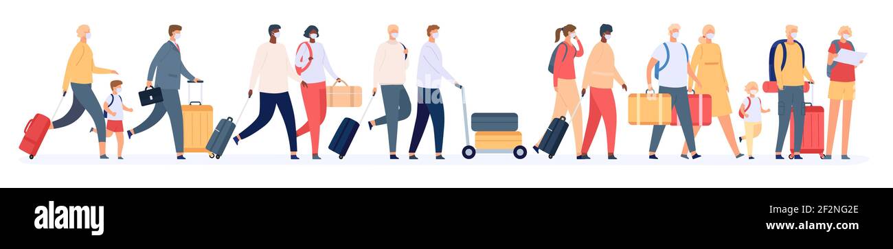 Tourists group with suitcases. Traveling families crowd with luggage in airport queue. People in masks in tour. Safe vacation vector concept Stock Vector