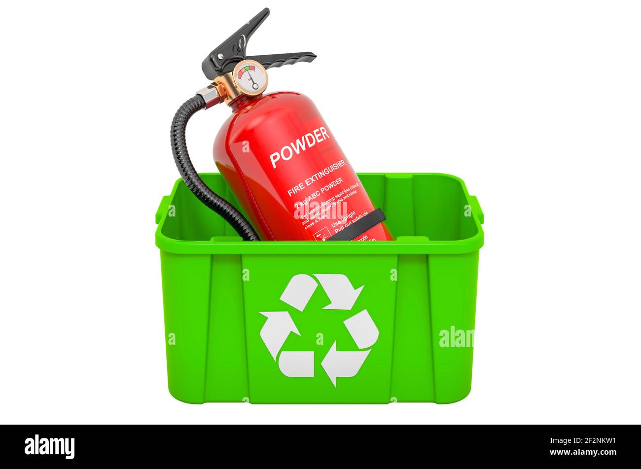 Recycling trashcan with fire extinguisher, 3D rendering isolated on white background Stock Photo