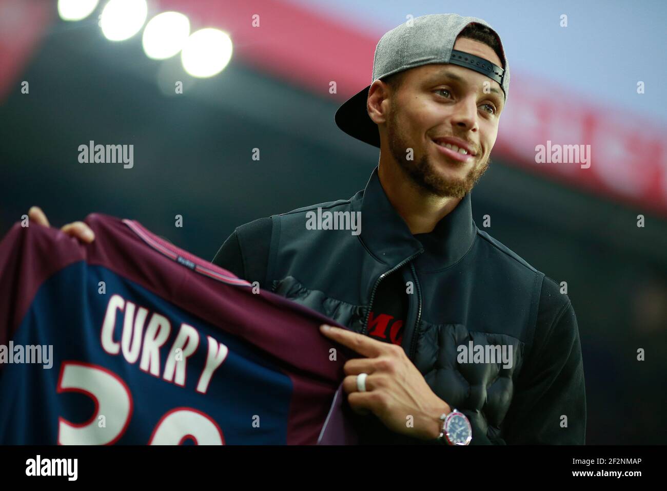Golden State Warrior NBA player Stephen Curry attends the French  championship L1 football match between Paris Saint-Germain (PSG) and  Saint-Etienne (ASSE), on August 25, 2017 at the Parc des Princes in Paris,