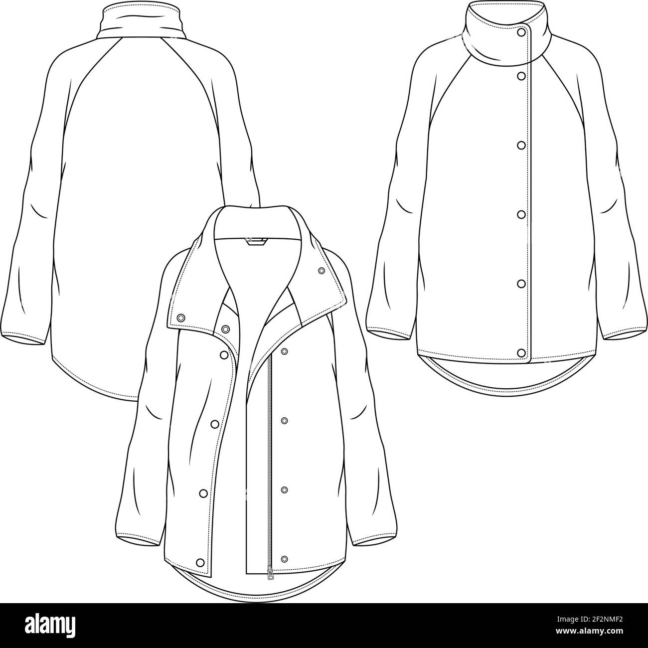 Women Jacket fashion flat sketch template. Technical Fashion Illustration.  Wide Mock Neck Coat Stock Vector Image & Art - Alamy