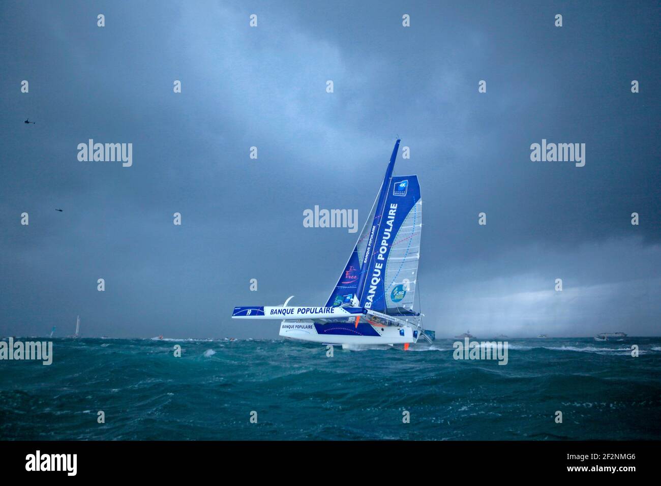 Start of the Route du Rhum, Loick Peyron and the Maxi Trimaran Solo Banque  Populaire VII on November 2, 2014 in Saint Malo, France - Photo Christophe  Launay / DPPI Stock Photo - Alamy