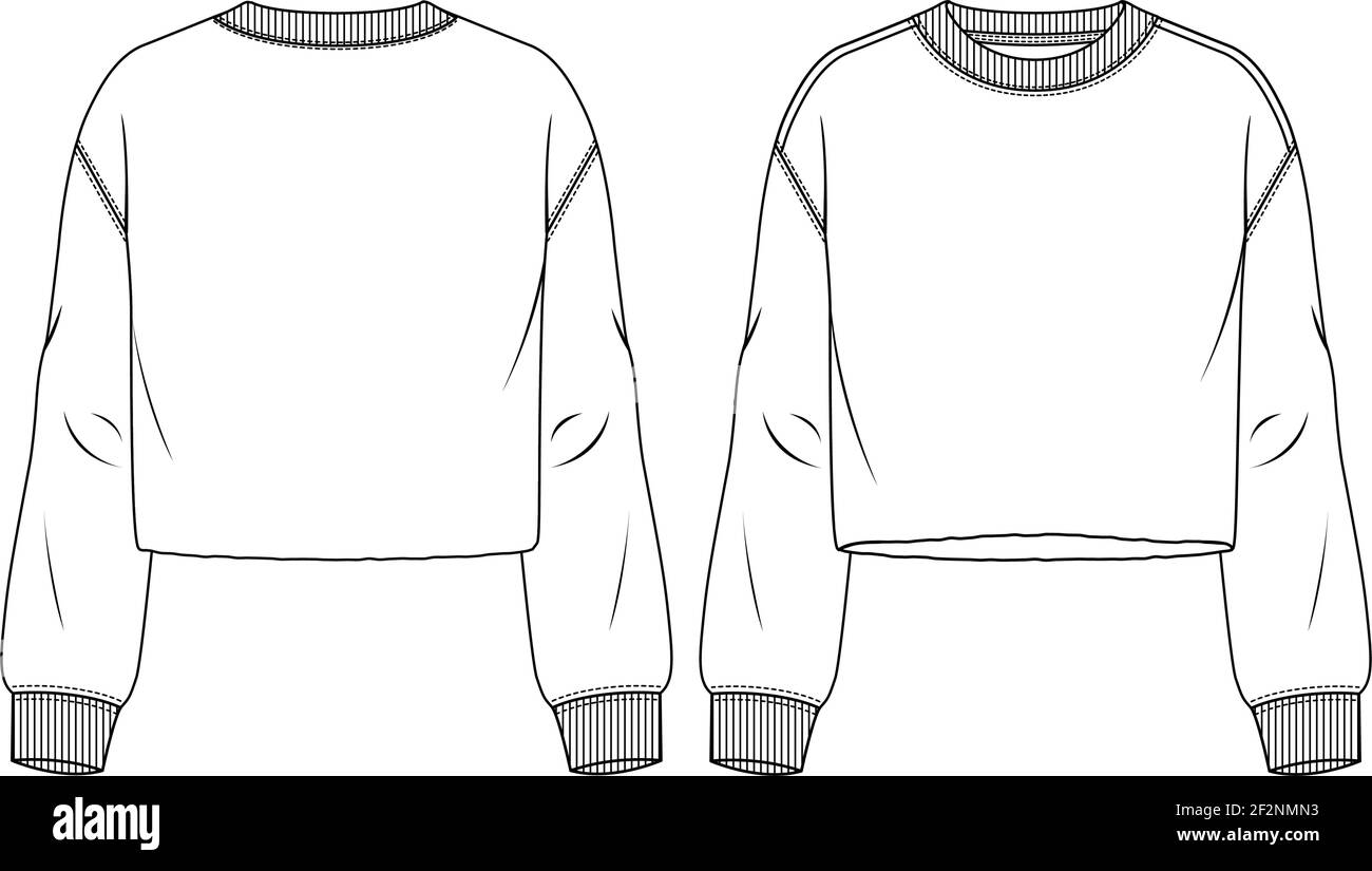 Women Crop Top fashion flat sketch template. Technical Fashion Illustration. Girls Fleece Crew Neck Sweatshirt Stock Vector