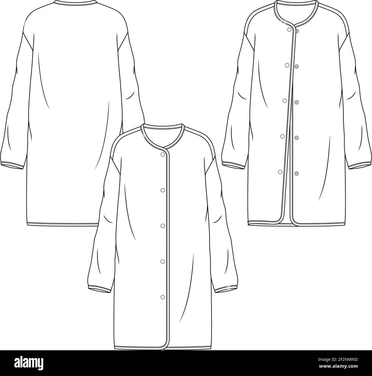 Women Long Jacket fashion flat sketch template. Technical Fashion Illustration. Relax Fit with Snap Opening at front Stock Vector