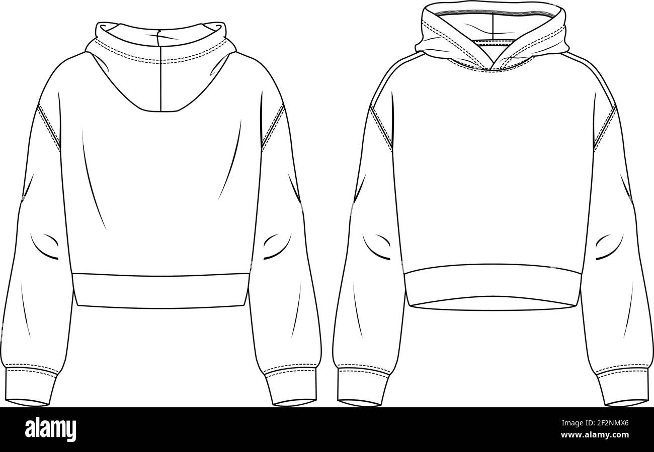 Women Hooded Crop Top fashion flat sketch template. Technical Fashion Illustration. Girls short Sweatshirt Stock Vector