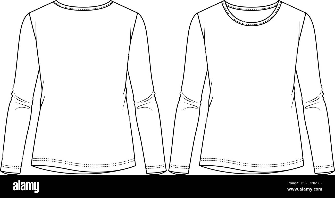 Vector Fashion Cad Tshirt With Button Details Women Long Sleeved A Shape Blouse  Sketch Women Polo Neck Top Technical Drawing Sketch Flat Jersey Blouse With  Front Back View White Color Stock Illustration 