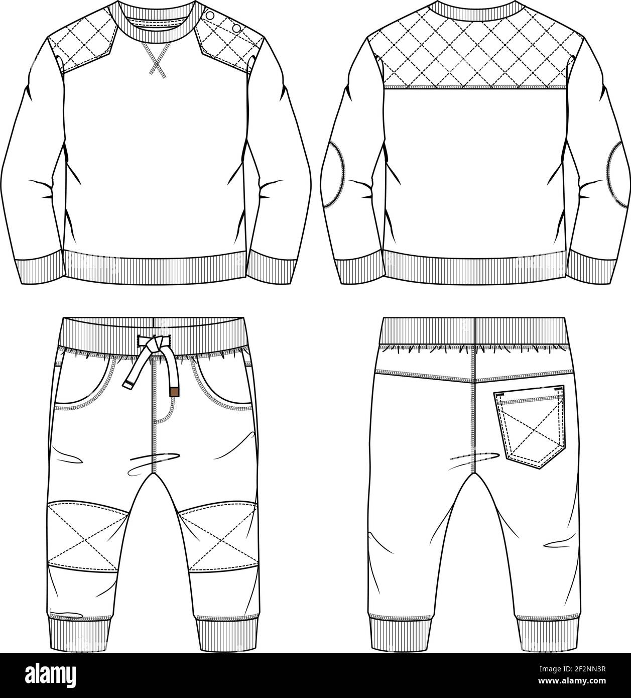 Infant Boys Fleece Set fashion flat sketch template. Technical Fashion Illustration. Jogger Pant with Pull-over Sweatshirt CAD Stock Vector