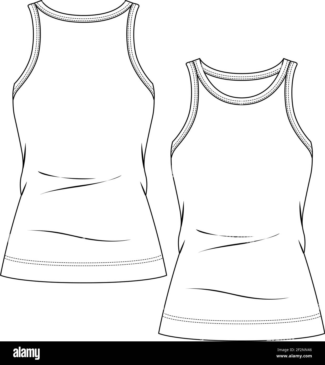 Women Tank Top fashion flat sketch template. Technical Fashion Illustration. Crew Neck and Armholes binding. Rib Knit or Jersey fabrics Stock Vector