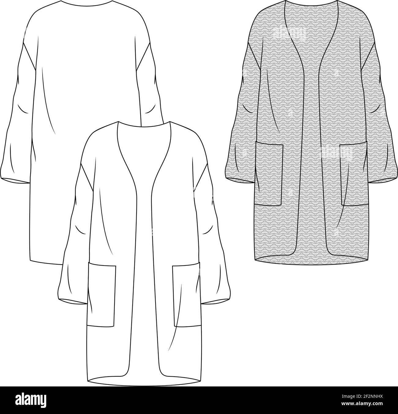 Heavy Knit Long Cardigan fashion flat sketch template. Technical Fashion Open Front with Large Pockets Stock Vector Image & Art -