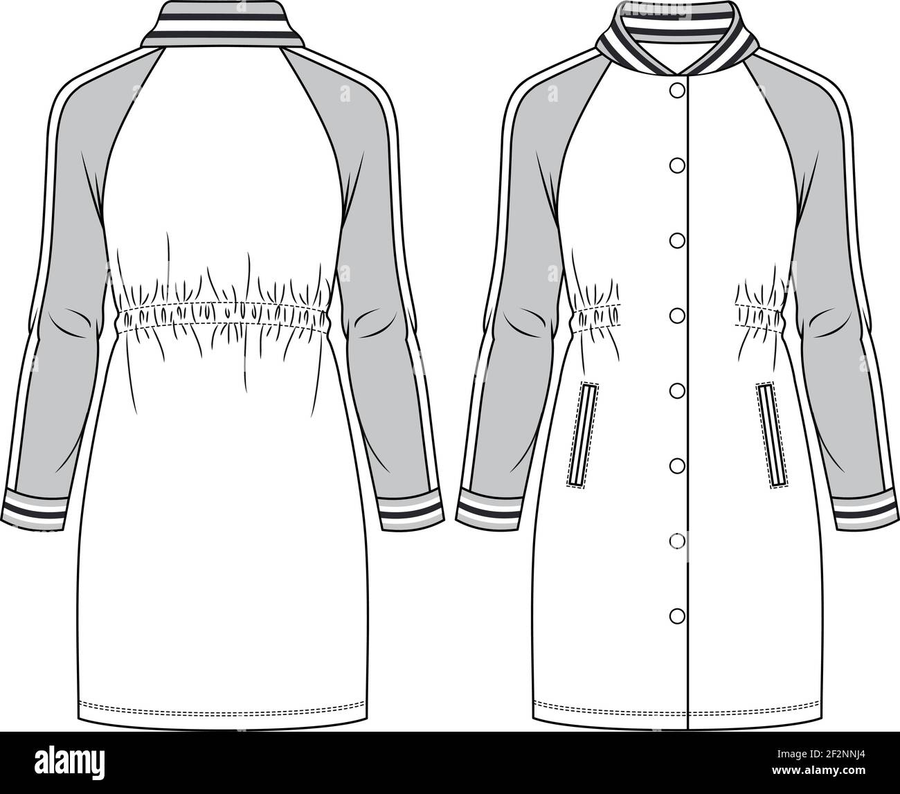 Girls Sporty Knit Dress fashion flat sketch template. Baseball Jacket Technical Fashion Illustration. Raglan sleeves, elastic back and snap opening Stock Vector