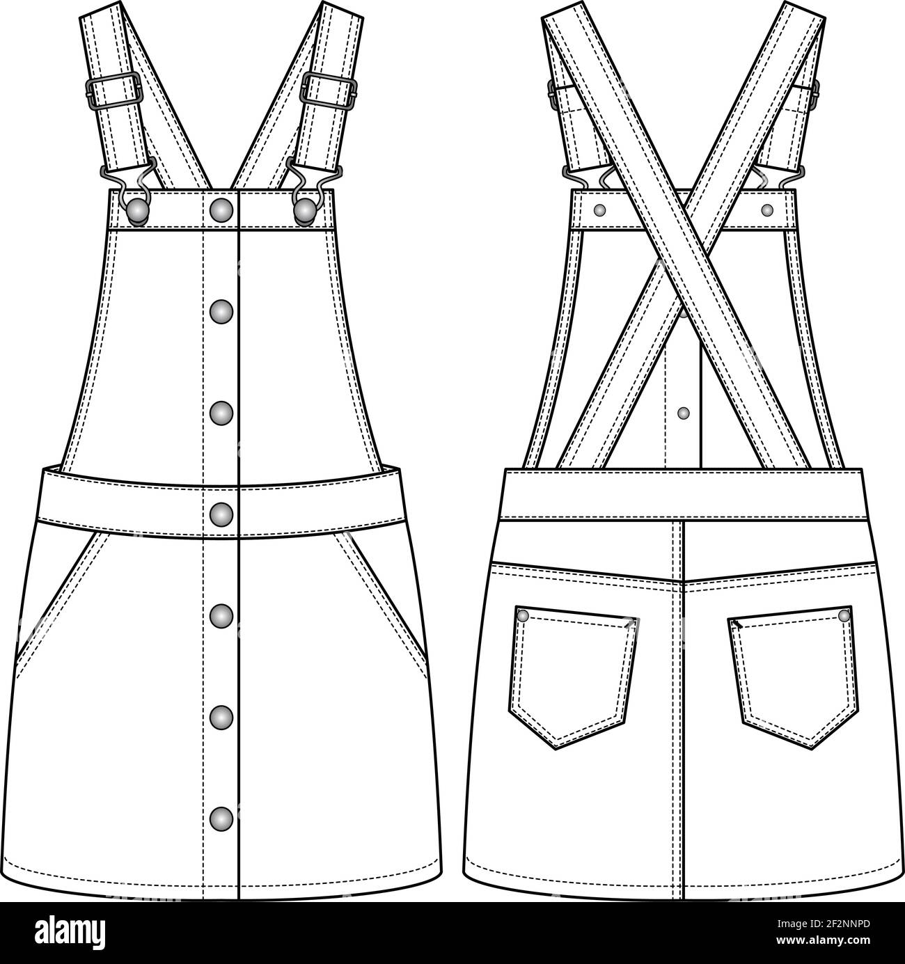 Girls Pinafore fashion flat sketch template. Kids Jumper Dress Technical Fashion Illustration. Snap Detail Stock Vector
