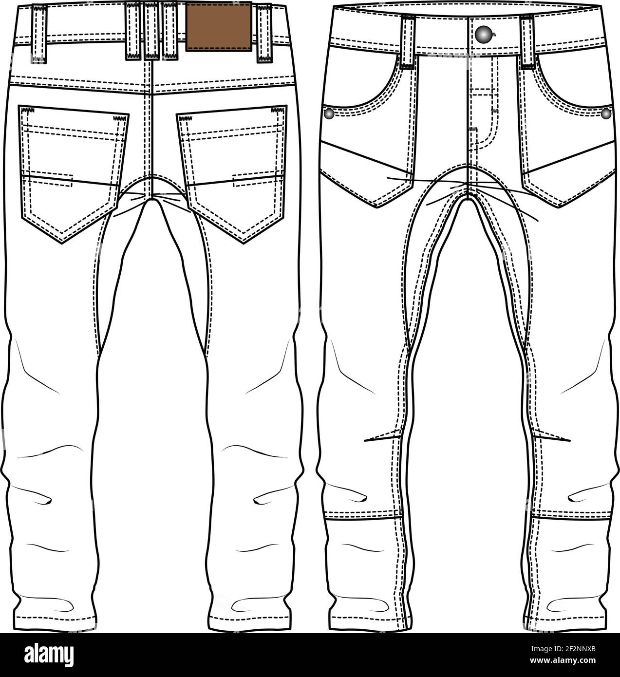 Trendy Boys Straight Legs Pant fashion flat sketch template. Technical Fashion Illustration. Woven CAD.  Gusset detail. Knee darts Stock Vector