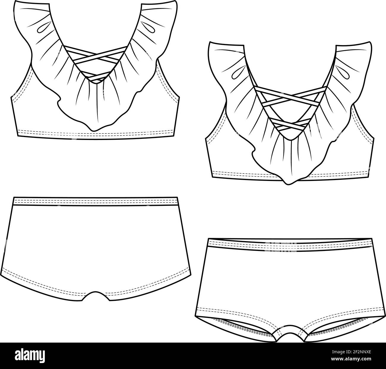 Girls Bikini fashion flat sketch template. Multiple Straps. Swimwear  Technical Fashion Illustration Stock Vector | Adobe Stock