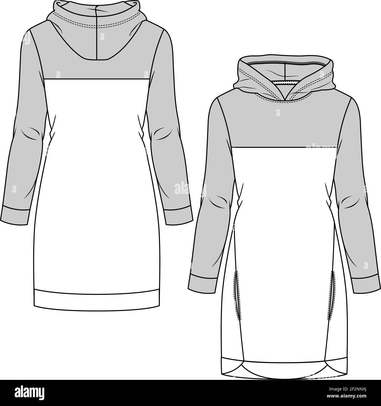 Hooded Color Block Girls Fleece Dress fashion flat sketch template. Technical Fashion Illustration. Women Long Sweatshirt with Slit Pockets at front Stock Vector