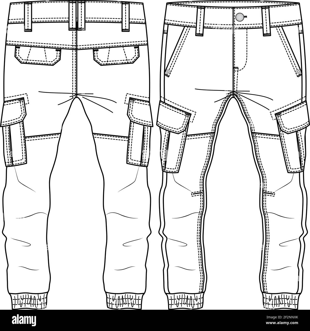 Men Boys Cargo Pocket Pant fashion flat sketch template. Technical Fashion Illustration. Woven CAD. Cut and sew detail with Back Pocket Flap Stock Vector