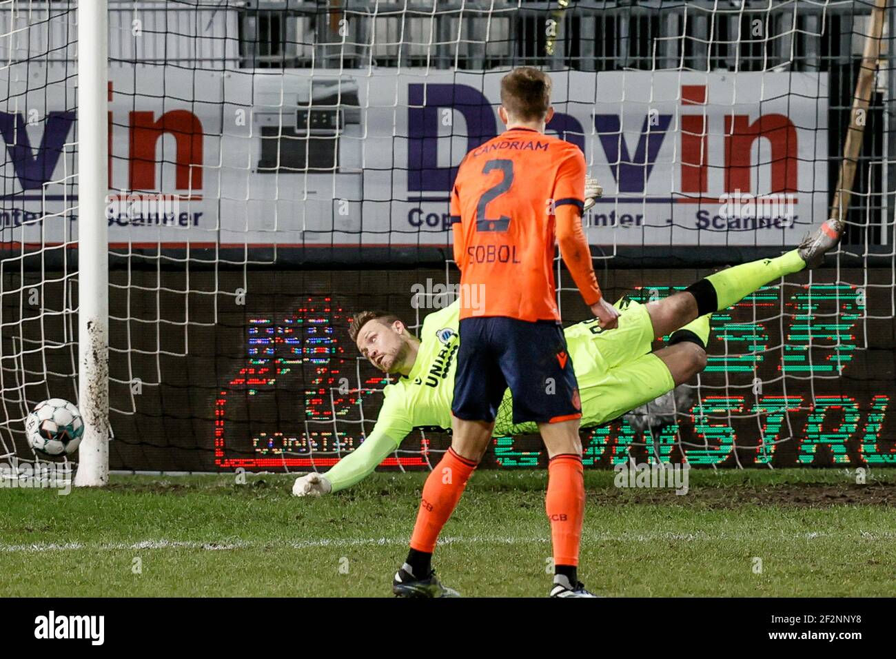 Club's goalkeeper Simon Mignolet pictured in action during a postponed soccer match between Sporting Charleroi and Club Brugge KV, Friday 12 March 202 Stock Photo