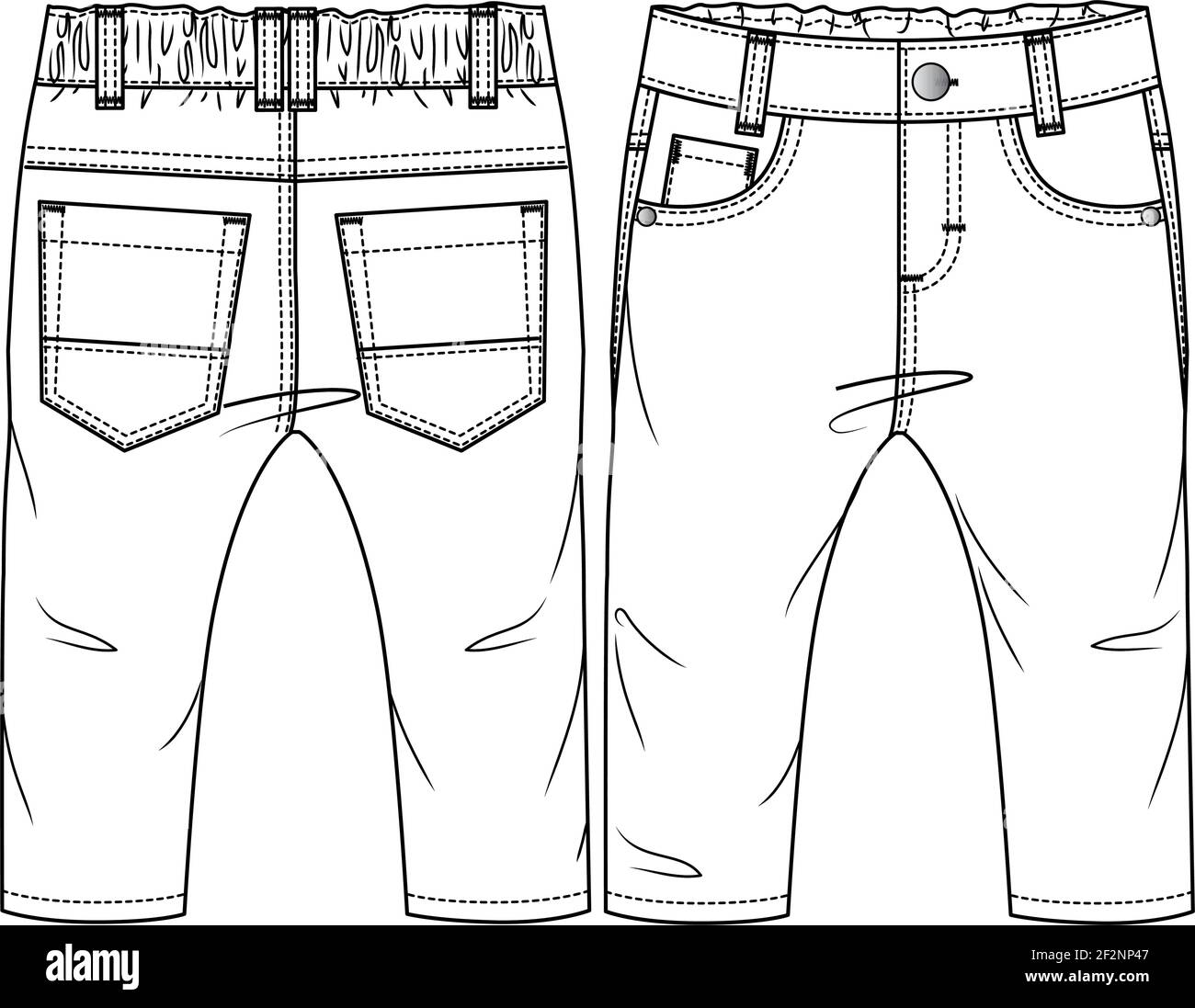 Baby Boys 5 pockets Pant fashion flat sketch template. Technical Fashion Illustration. Woven, Denim, Twill CAD Stock Vector