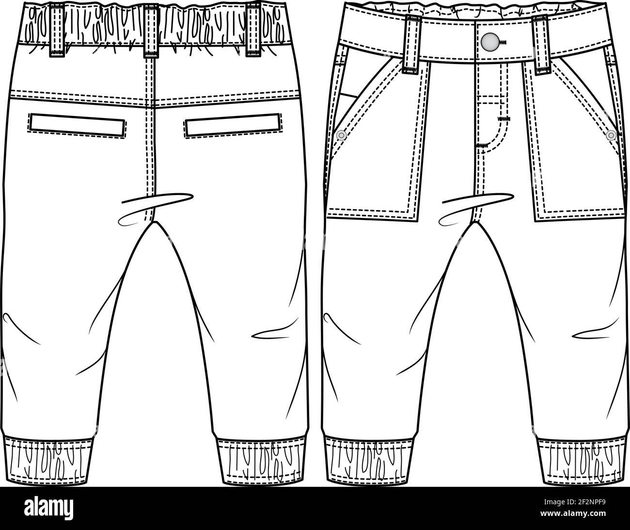 Baby Boys Pant fashion flat sketch template. Technical Fashion Illustration. Woven CAD Stock Vector