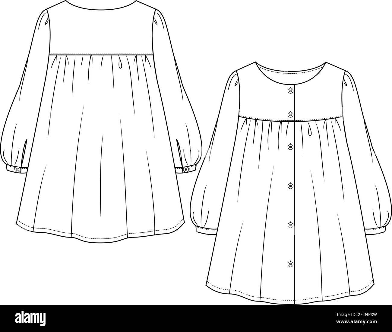 Toddler Girls Buttoned front Dress flat sketch template. Infant Girls' Technical Fashion Illustration. Slight Lantern puff Sleeves Stock Vector