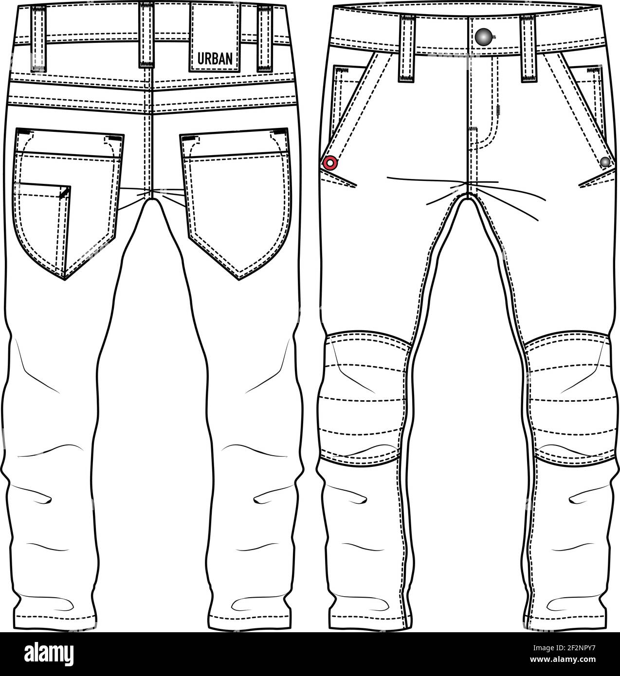 Men Boys Urban Look Pant fashion flat sketch template. Technical Fashion Illustration. Woven CAD. Slim fit. Cut and sew at Knees Stock Vector