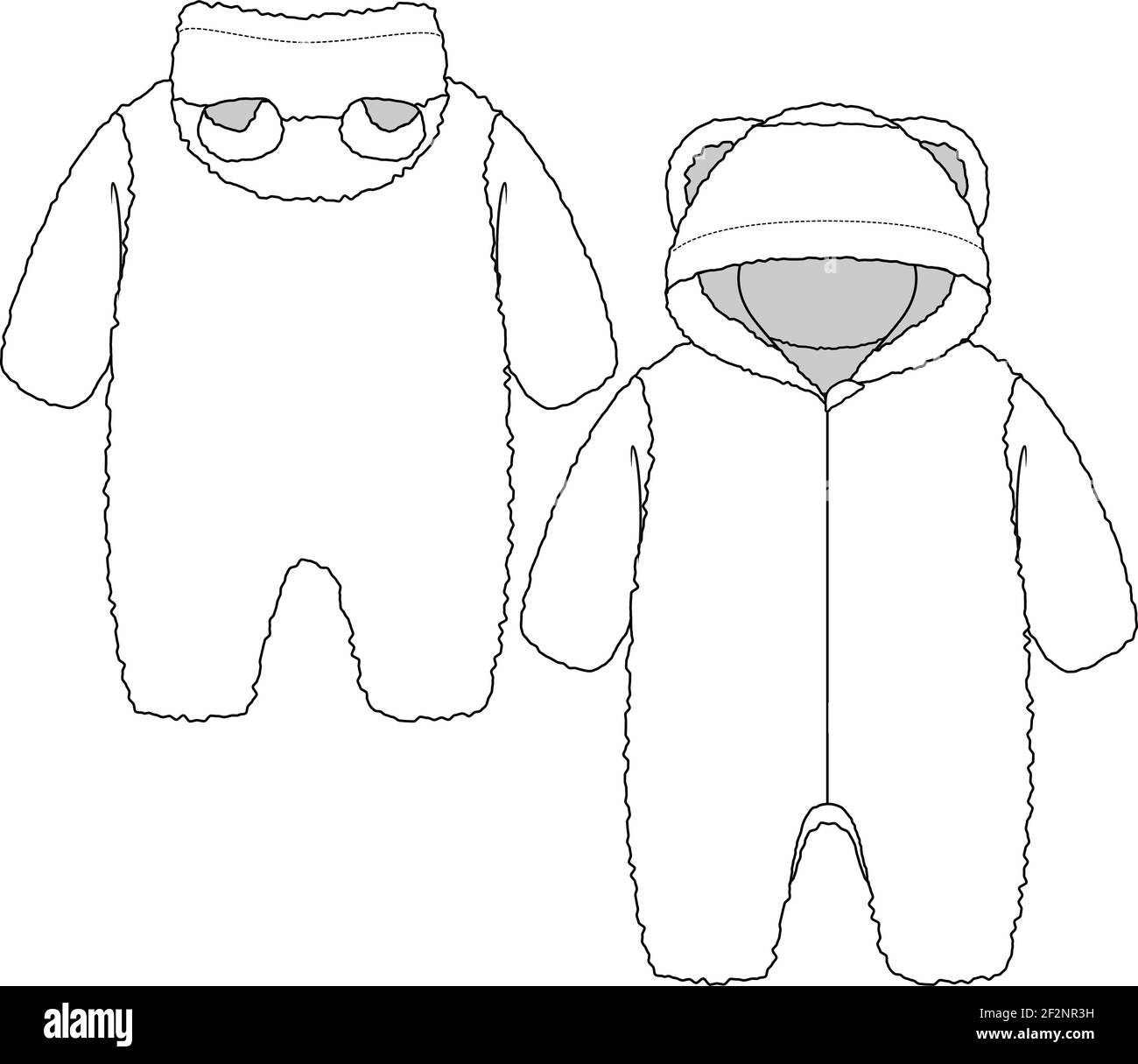 Baby Girls or Boys Berber Hooded One piece overall fashion flat sketch template. Unisex Technical Fashion Illustration. Faux Rabbit. Zipper Opening Stock Vector