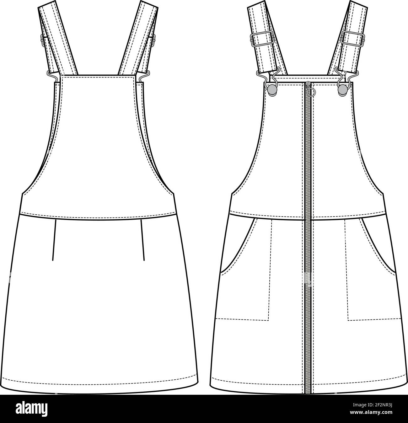Girls Zip Front Pinafore fashion flat sketch template. Kids Jumper Dress Technical Fashion Illustration. Shank Strap Closure. Slanted Pockets Stock Vector