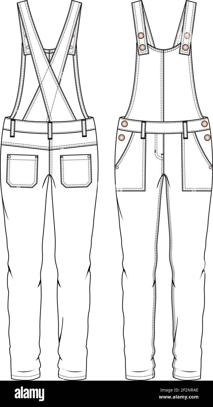 Girls Overall fashion flat sketch template. Women Woven Jumpsuit Technical Fashion Illustration. Straps crossing over back Stock Vector