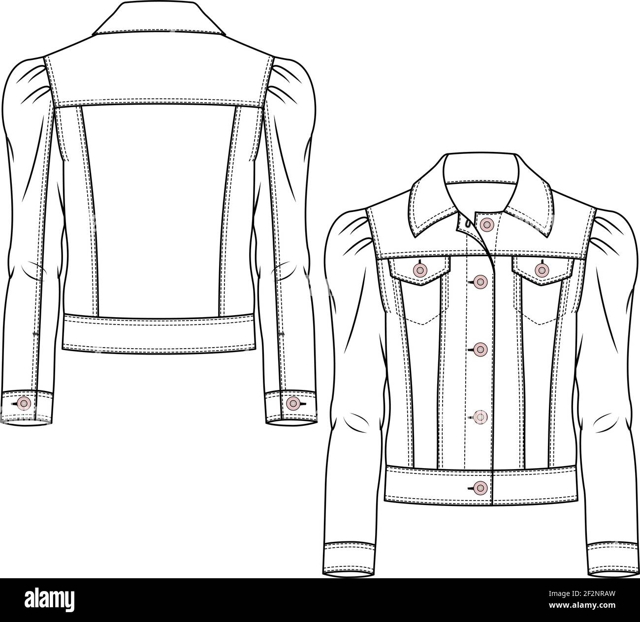Girls Denim Jacket fashion flat sketch template. Teen Jeans Coat Technical Fashion Illustration. Woven CAD. Puffy Sleeves Stock Vector