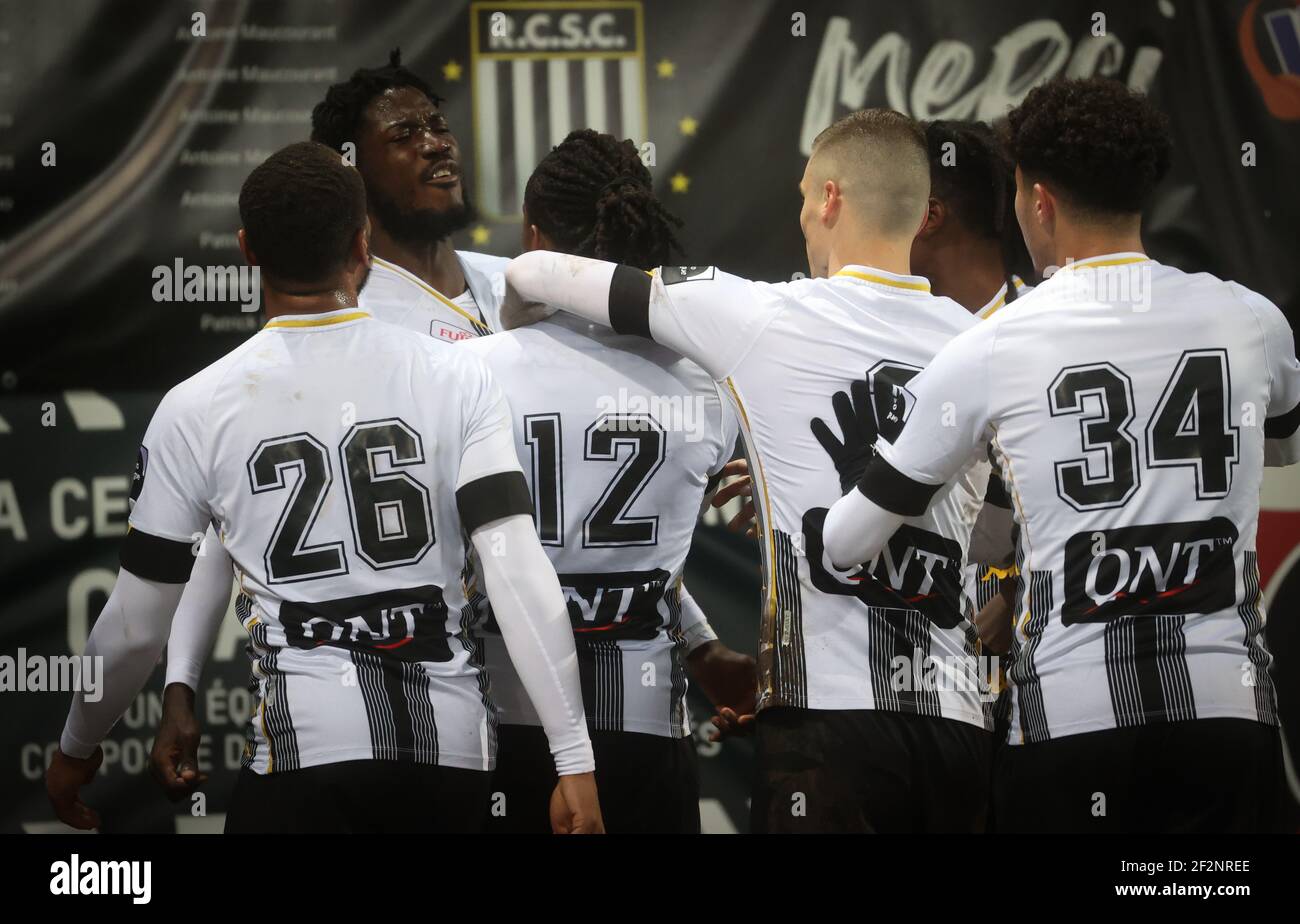 Charleroi's Shamar Nicholson celebrates after scoring during a postponed soccer match between Sporting Charleroi and Club Brugge KV, Friday 12 March 2 Stock Photo