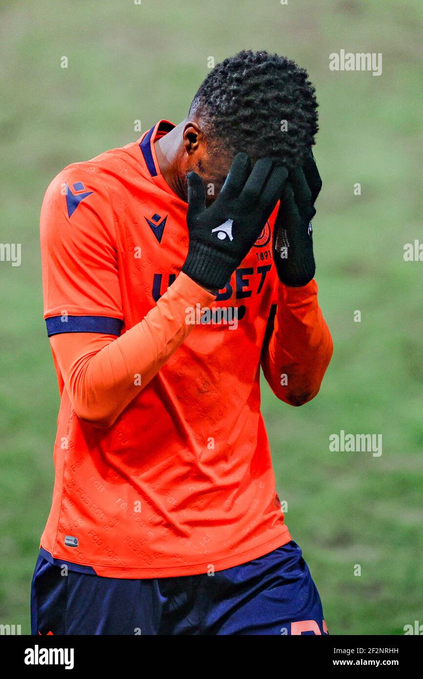Club's Clinton Mata looks dejected after a postponed soccer match between Sporting Charleroi and Club Brugge KV, Friday 12 March 2021 in Charleroi, of Stock Photo