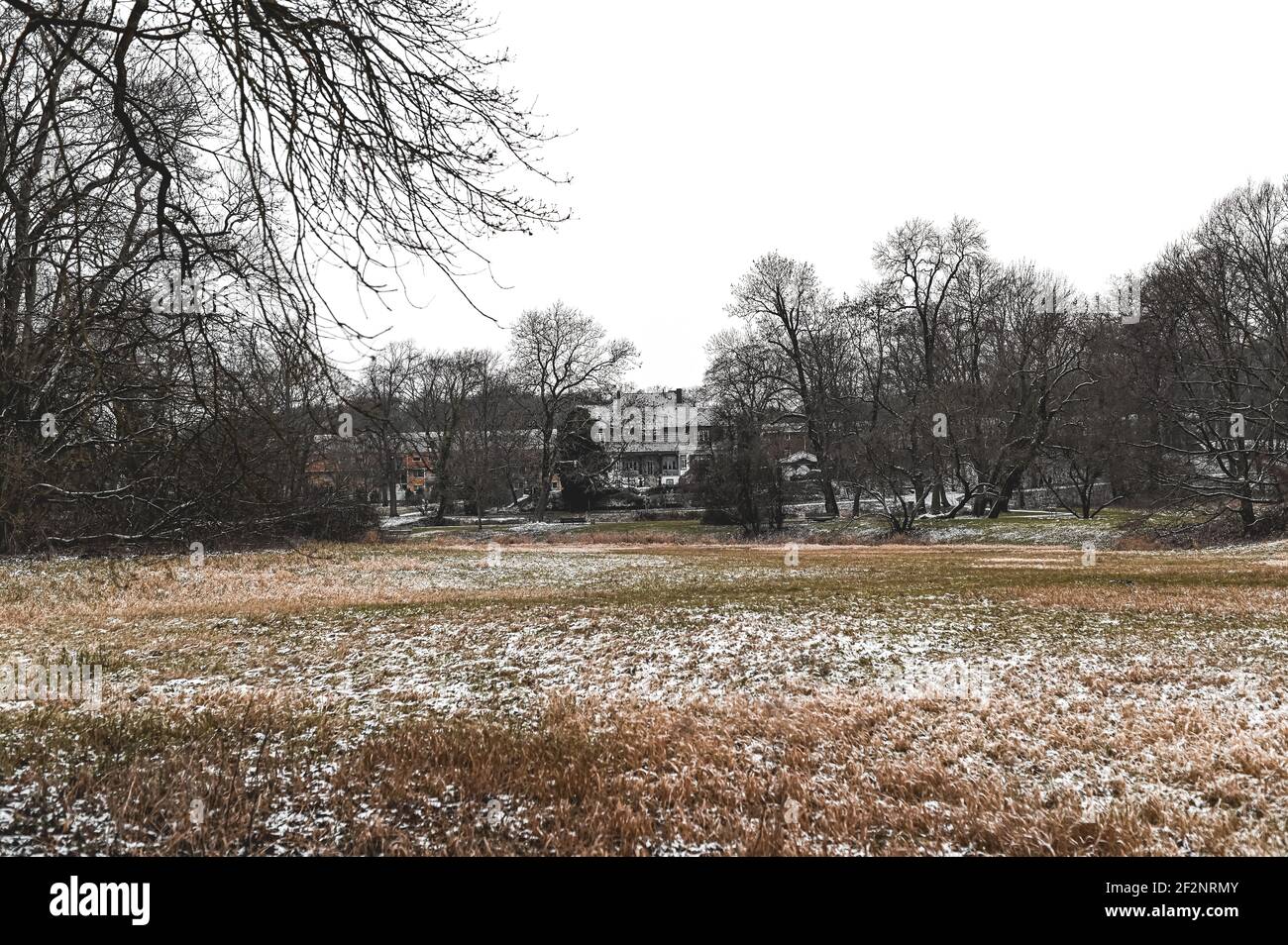 The Hinübersche garden in Hannover with snow at winter time Stock Photo