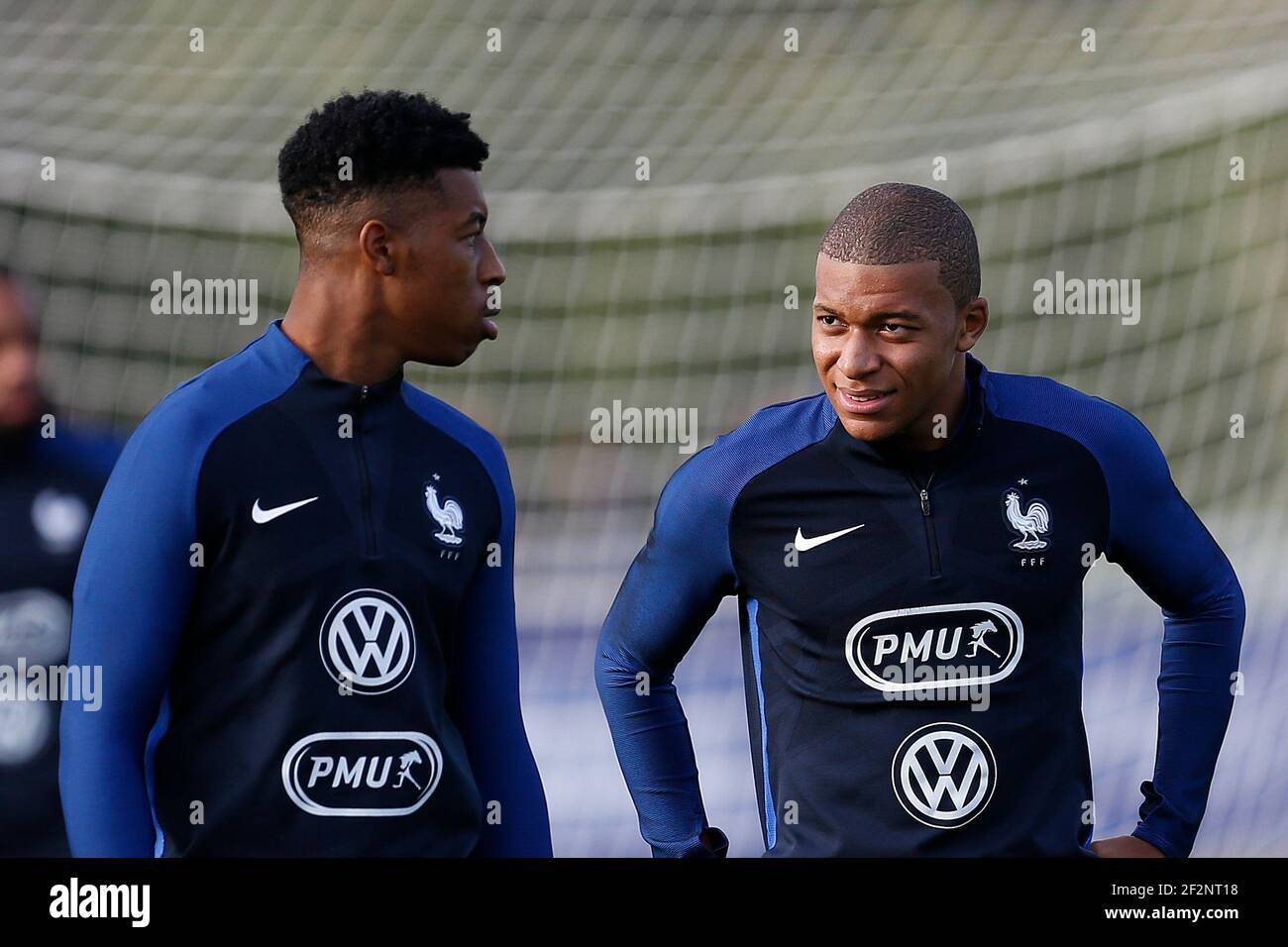 Kylian Mbappe and Presnel Kimpembe during the training of the team of France  before the FIFA World Cup qualifying football match between Bulgaria and  France, on October 2, 2017 in Clairfontaine, France -