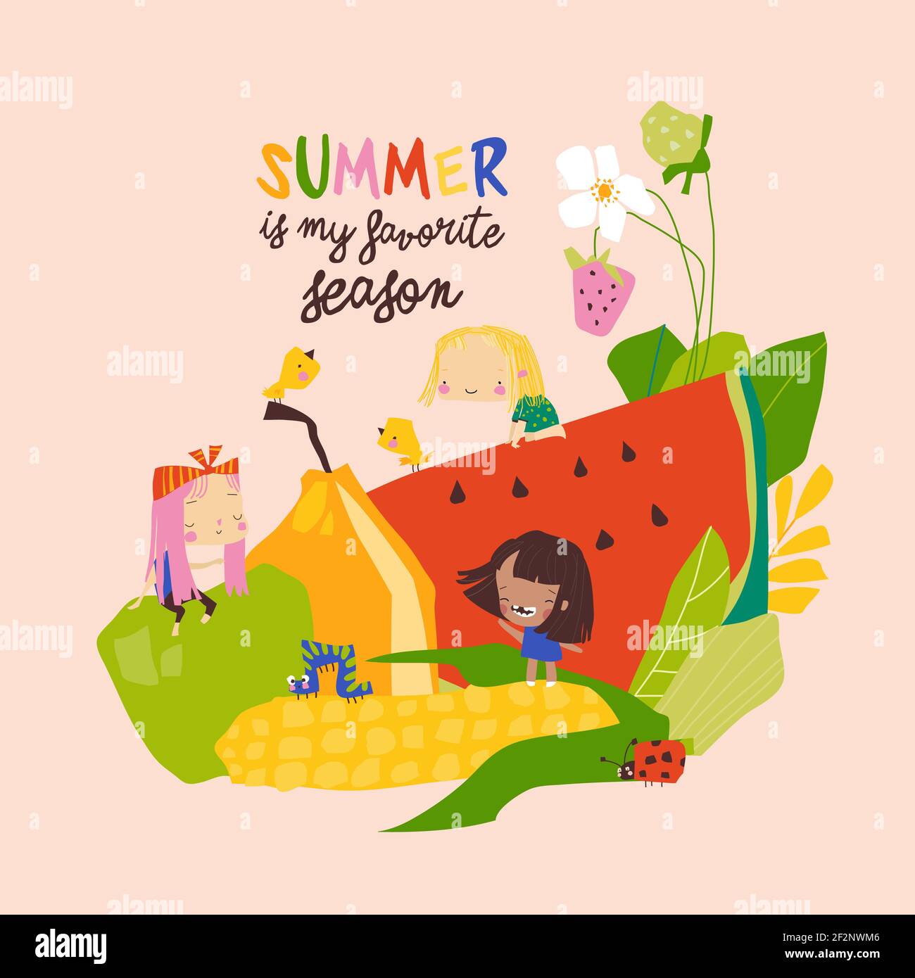 Happy children sitting on big summer fruits Stock Vector