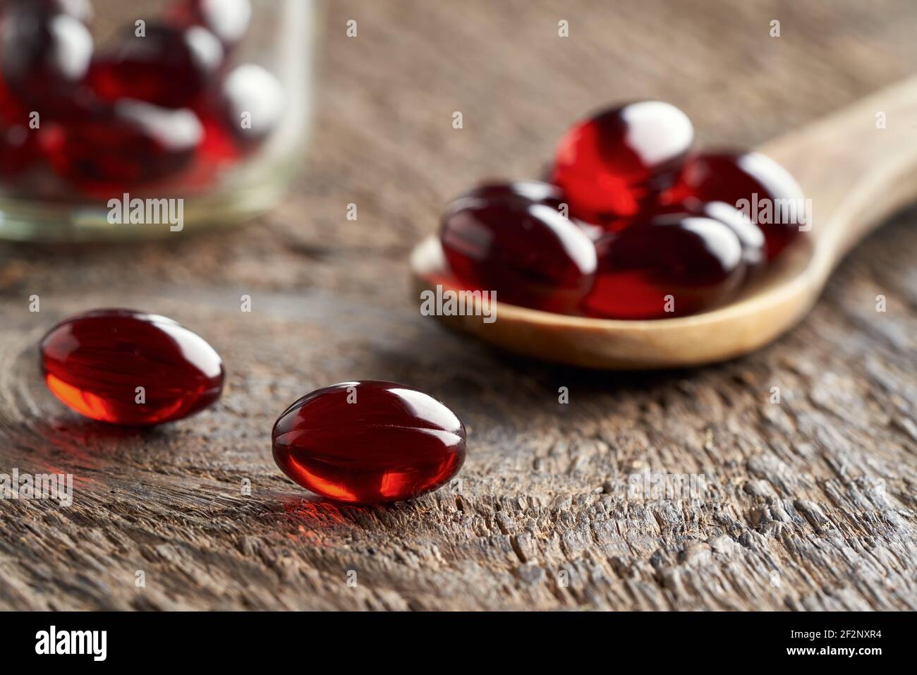 Krill oil capsules on a table, closeup Stock Photo