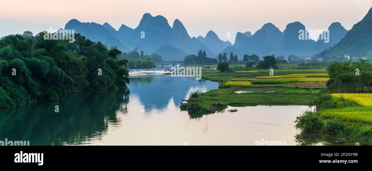 Panorama, Asia, China, Guilin, river landscape with karst mountains Stock Photo