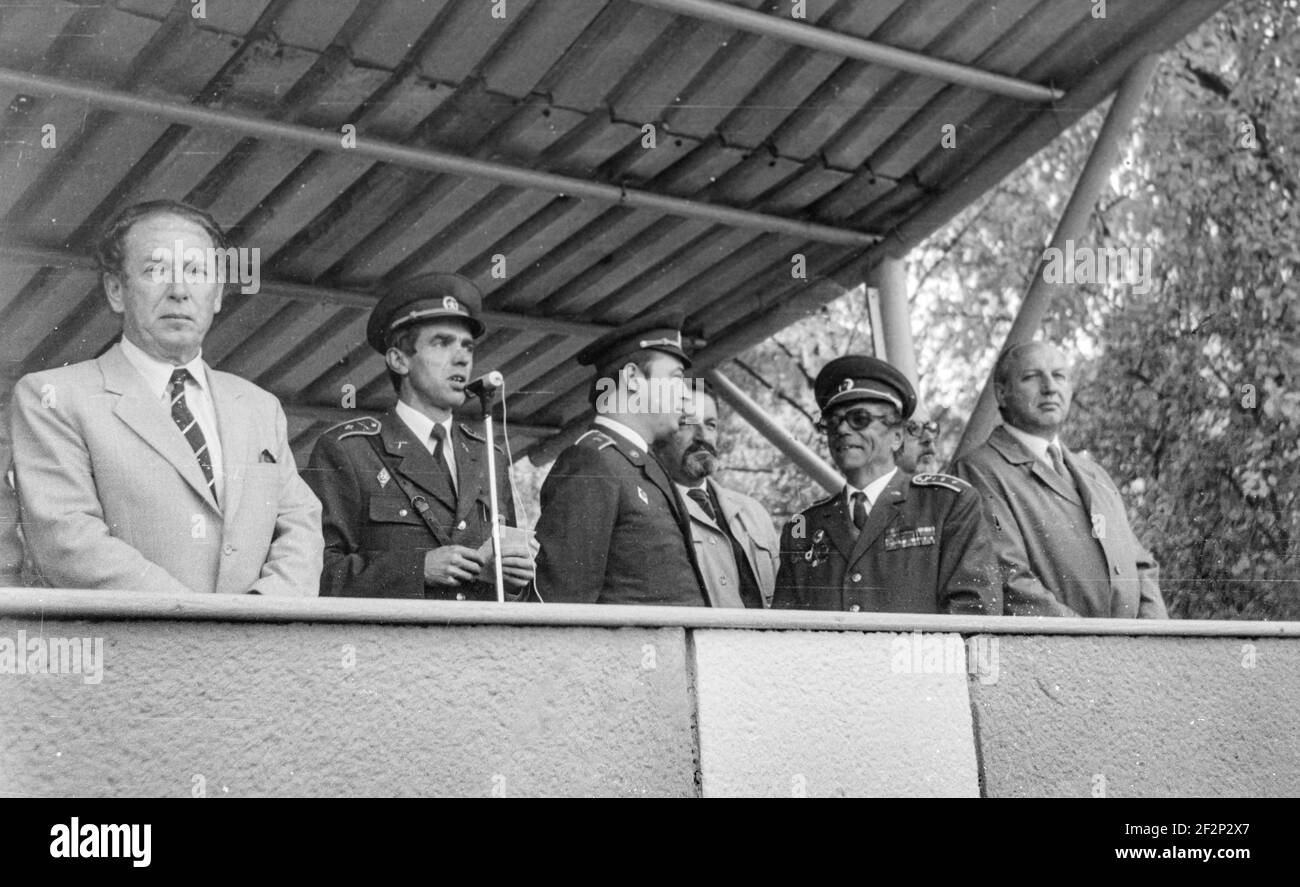 MARIANSKE LAZNE, CZECH REPUBLIC, 1985, The communist functionaries and officers of the Czechoslovak People's Army stand in the tribune at the Military Stock Photo