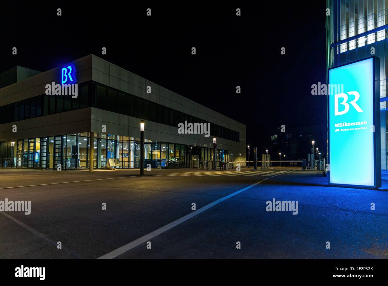 MUNICH, GERMANY - MARCH 2021: The Bayerische Rundfunk broadcasting center in Munich Freimann at night Stock Photo