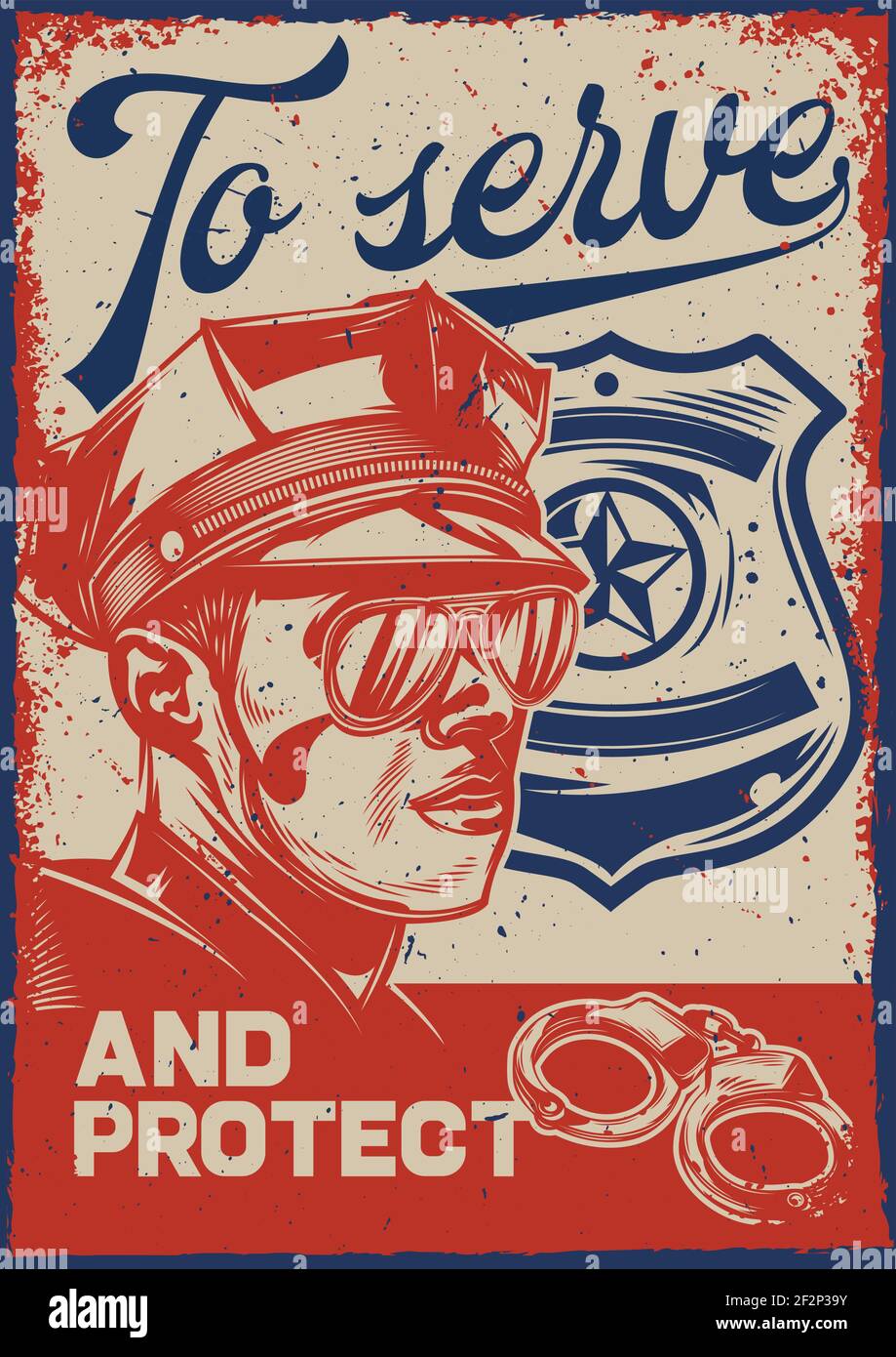 Poster design with illustration of a policeman and a police sign on