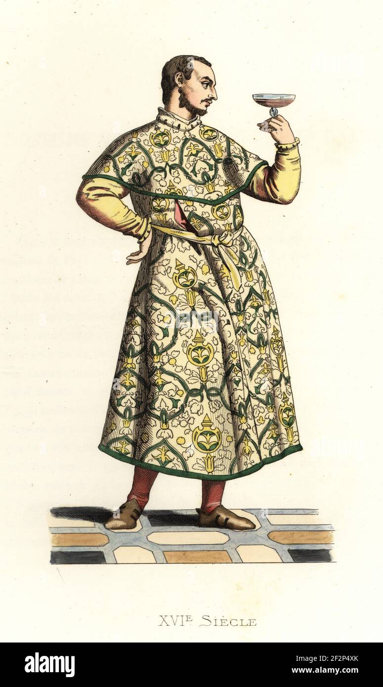 Portrait of the Italian painter Benedetto Caliari, 1538-1598. In Venetian costume of white silk brocade tunic tied with a ribbon, holding a glass. Costume Venetien, Benedetto Caliari. After the Marriage at Cana by his brother Paul Veronese. Handcolored lithograph after an illustration by Edmond Lechevallier-Chevignard from Georges Duplessis's Costumes historiques des XVIe, XVIIe et XVIIIe siecles (Historical costumes of the 16th, 17th and 18th centuries), Paris, 1867. Edmond Lechevallier-Chevignard was an artist, book illustrator, and interior designer. Stock Photo