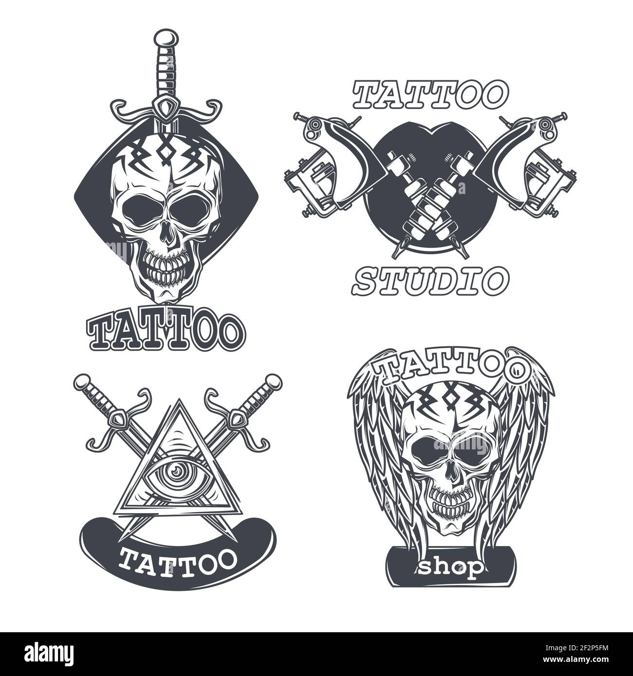 Set of tattoo emblems, labels, badges, logos. Isolated on white Stock ...