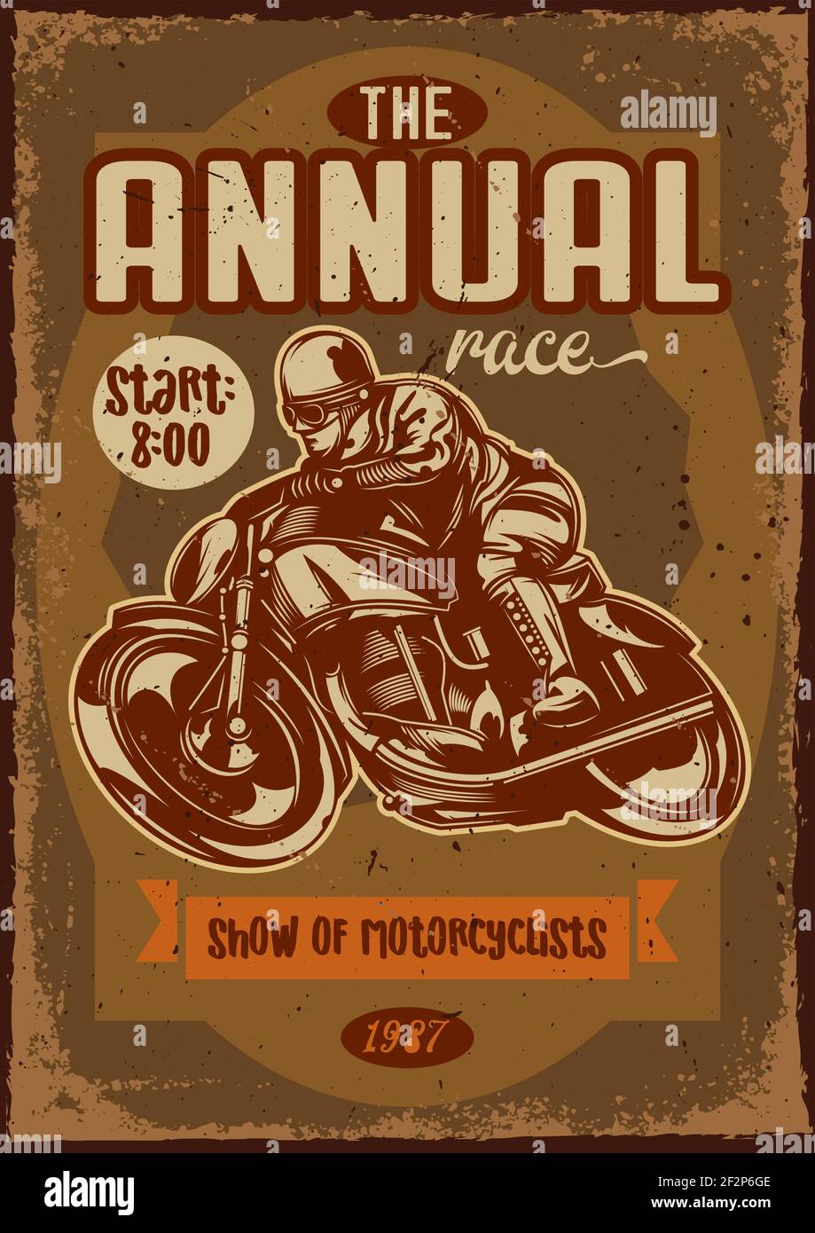 Poster design with illustration of a motorcycle and a rider on vintage background. Stock Vector